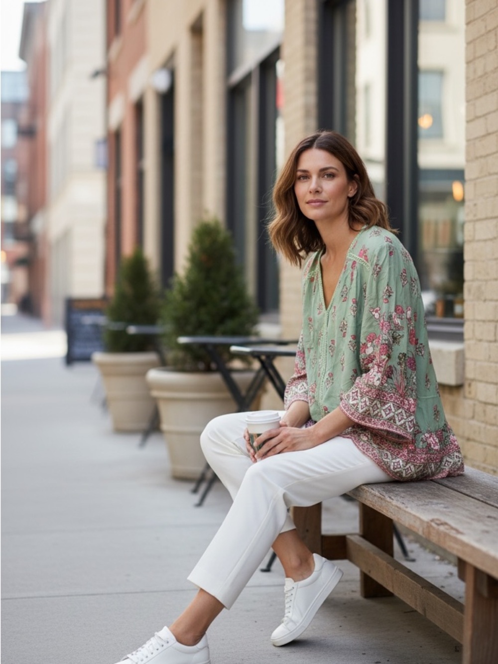 Suzanne Betro Mint Floral V-Neck Boho Tunic - Picture 2 of 11